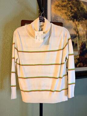 Madeleine Thompson White Turtleneck Sweater with Red, Yellow, and Green Stripes